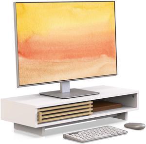 WELL WENG Monitor Stand Riser with Sliding Door, Computer Laptop Stand Desk Shelf Organizer with Storage (White + Natural Bamboo, 25 Inch)