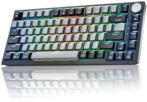 WJX Wireless Mechanical Keyboard 75% Percent Gaming Keyboard with Volume Knob, RGB Backlit Computer Clicky Keyboards, Hot Swappable Mechanical, USB C/2.4GHz/BT5.0 Gasket Red Switch PBT Keycaps(Grey)