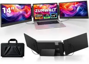 ZUMWALT Laptop Screen Extender, 14" Triple Portable Monitor for Laptop, 1080P FHD Screen Extender Monitors for 13"-16.5" Laptop, Monitor Extender for MacOS/Windows/Chrome (Built-in Speakers)