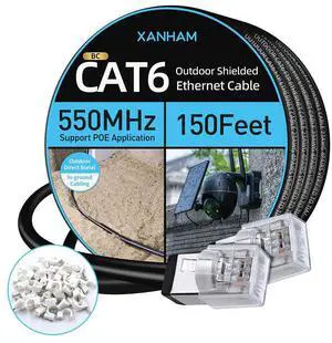 XANHAM Cat6 Shielded Outdoor Ethernet Cable 150 Feet Waterproof and UV Resistant Direct Burial Jacket 23AWG Solid Copper Cat 6 FTP Network Cable, for POE and Internet Cabling Application