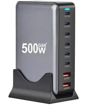2025 Upgraded 500W USB-C Fast GAN Charger Block 8 Port Charging Station Hub Brick Dual PD PPS 100W Laptop Charger Compatible with DELL HP MacBook Pro/Air/All iPad iPhone 16 15/14/13/Pro Max