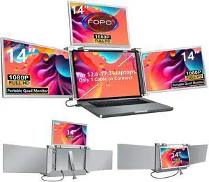 FOPO 14" Laptop Screen Extender Monitor Portable, Quad Monitor, Just 1 Cable for 3 Screens, FHD 1080P IPS Laptop Extender Compatible with Wins/Mac(M1 M2 M3) for 13.6" - 17.3" Laptops