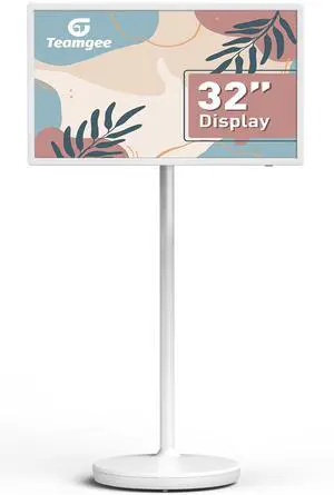 Teamgee 32-Inch Portable Smart Screen on Wheels, Wireless Touch Monitor with 8-Hour Battery, Android 13, Full-Motion Mount for Streaming, Work, and Multi-Purpose Use