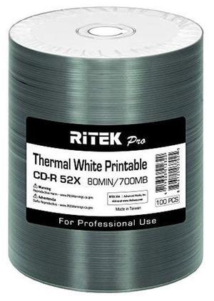 100 Pack Ritek Pro (Professional Grade) CD-R 52X 700MB White Thermal Hub Printable Blank Media Recordable Disc
