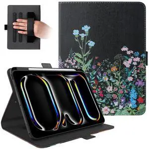 Dteck for iPad Pro 13-Inch (M4) Case 2024 (A2925/A2926/A3007), PU Leather Folio Case with Stand & Auto Sleep Wake Function, Built-in Pencil Holder & Hand Strap, Protective Cute Cover, Colorful Blossom