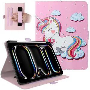 Dteck for iPad Pro 13-Inch M4 Case 2024 (A2925/A2926/A3007), PU Leather Folio Case with Stand & Auto Sleep Wake Function, Built-in Pencil Holder & Hand Strap, Protective Cute Kids Cover, Pink Unicorn