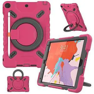 PEPKOO Triple Shockproof Case for iPad 9th/8th/7th Generation 10.2 inch 2021/2020/2019, Air 3rd Generation 10.5 inch, Heavy Duty Cover with Pencil Holder, Handle Kickstand, Shoulder Strap, Pink