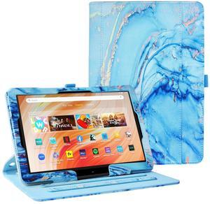 OKP Case for All New Kindle Fire HD 10 Tablet & HD 10 Plus (11th/13th Generation, 2021/2023 Release), 360 Degree Rotating Swivel Stand Leather Cover with Pencil Holder, Auto Wake Sleep, Marble Blue
