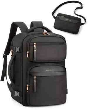 BAGSMART Womens Backpack Carry On Flight Approved, Travel Backpack for Women with Waist Bag, Traveling Lightweight Weekender Casual Daypack 17.3" Laptop Work Back pack Personal Item Travel Bag, Black