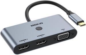 USB C to Dual HDMI VGA Adapter, USB C Docking Station 3 Monitors with Cast Screen Button Design,Type C to VGA HDMI Splitter Converter for MacBook Pro/Air, Dell/HP/Lenovo