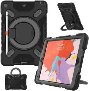 PEPKOO Triple Shockproof Case for iPad 9th/8th/7th Generation 10.2 inch 2021/2020/2019, Air 3rd Generation 10.5 inch, Heavy Duty Cover with Pencil Holder, Handle Kickstand, Shoulder Strap, Black