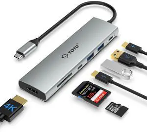TOTU 7-in-1 Type C Hub: 4K HDMI, 2x USB 3.0, 1x USB C PD, SD/TF Card Reader, 90W USB-C PD for MacBook & Type C Laptops