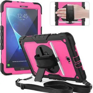 Timecity Case for Galaxy Tab A 10.1 Case 2016 Release (SM-T580 T585 T587), Heavy Duty Protection Case with Screen Protector, Swivel Stand, Hand Strap and Shoulder Strap Stylus Holder - Rose