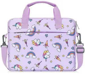 MoKo 10-12.5 Inch Kids Tablet Sleeve Carrying Case for Fire HD 10 13th/11th Gen, Fire HD 8/7 Kids 2022, Tablet Bag with Shoulder Strap for 10/10.1 Inch Android 12/13, Rainbow & Unicorn (Lilac)