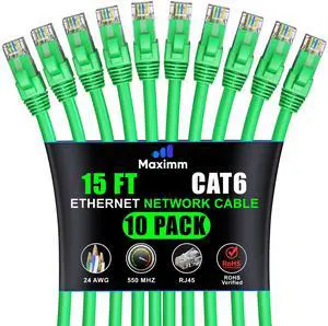 Maximm Cat 6 Ethernet Cable 15 ft (10-Pack) - High-Speed LAN Cable, Internet Cable, Patch Cable, and Network Cable - UTP, 10Gbps, 550MHz Ethernet Cord - Green