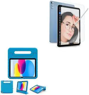 ProCase Kids Case for iPad 10th Generation with Pencil Holder(Blue) Bundle with 1 Pack Tempered Paper Screen Protector for iPad 10th Generation with 3 Pack Camera Lens Protector
