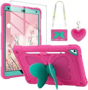 WESADN for iPad 9th Generation Case 8th 7th Gen 10.2 inch with Screen Protector/Butterfly Kickstand/Lanyard/Keychain Rugged Case with Pencil Holder for Kids Girls Cover for iPad 10.2 Case Rose Red