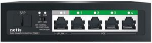 Netis P106GC Uplink POE Switch; 1x 10/100/1000Mbps RJ45 Port, 1xSFP Port, and 4 PoE Function; 12Gbps Wwitching Fabric Capacity/Backplane Bandwidth; Supports 2K MAC Address Table; Plug and Play, Black
