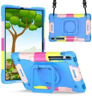Dteck Rugged Protective Case for Samsung Galaxy Tab S8 Plus/S7 FE/S7 Plus 12.4" with 360 Swivel Kickstand & S Pen Holder, Rainbow & Blue