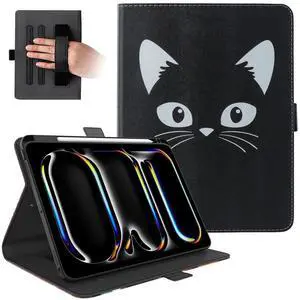 Dteck for iPad Pro 13-Inch M4 Case 2024 (A2925/A2926/A3007), PU Leather Folio Case with Stand & Auto Sleep Wake Function, Built-in Pencil Holder & Hand Strap, Protective Magnetic Cute Cover, Black Cat