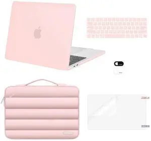 MOSISO Compatible with MacBook Pro 13 inch Case M2 2025-2016 A2338 M1 A2251 A2289 A2159 A1989 A1708 A1706, Plastic Hard Case&Puffy Sleeve Bag&Keyboard Skin&Webcam Cover&Screen Protector, Pink