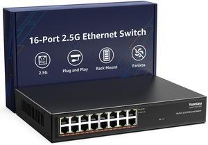 YuanLey 16 Port 2.5GB Umanaged Ethernet Switch, 16 x 2.5G Base-T Ports, Compatible with 100/1000/2500Mbps, Metal Fanless, Desktop/Rack Mount YuanLey 2.5 Gigabit Network Switch for Wireless AP, PC