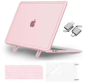 MOSISO Compatible with MacBook Air 13 inch Case 2022, 2021, 2020-2018 A2337 M1 A2179 A1932, Heavy Duty Shockproof Plastic Hard Case with Fold Kickstand&Keyboard Skin&Screen Film&Type C, Pink