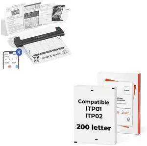 MUNBYN Portable Printers Wireless for Travel ITP02 and 200 Sheets US Letter Size Thermal Printer Paper 8.5 x 11 Inch