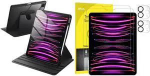 JETech iPad Pro 12.9-Inch (2022/2021/2020) Rotating Case with Pencil Holder and Screen Protector with Camera Lens Protector Bundle