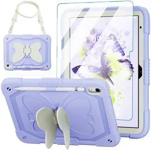 ACEMO iPad (A16) 11th Generation Case/iPad 10th Generation Case 10.9 inch 11 inch with Screen Protector/Shoulder Strap/Pencil Holder/Kickstand Cute Kids Girls Cover for iPad 2025 2022 Purple