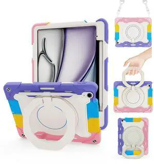 ACEMO for iPad Air 13 inch Case M3 2025 & iPad Air 13 inch Case M2 2024 with Pencil Holder, 360deg Rotating Kickstand Handle, Shoulder Strap for Kids Girls Heavy Duty Protective Cover, Pink