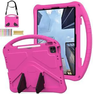 Allytechgroup Kids Case for Apple iPad Air 13 M3 M2 2025 2024/ iPad Pro 13 M4 2024/ Pro 12.9" 2022/2021/2020/2018, EVA Shockproof Handle Kickstand Lightweight Back Cover with Shoulder Strap, Rose