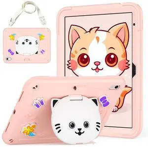 AOKOZZY for iPad (A16) 11th 11 inch 2025 /10th Generation 10.9 inch 2022 Case for Kids Girls, with Pencil Holder,Shoulder Strap & Cat Stand, Soft Silicone Shockproof Case for iPad 10th Gen (Rose Pink)
