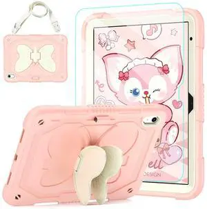 AOKOZZY for iPad (A16) 11th/10th Generation Case for Kids Girls,11'' 2025/10.9'' 2022 with Glass Screen Protector Butterfly Kickstand,Pencil Holder,Strap Shockproof iPad Case 10th Gen (Rose Pink)