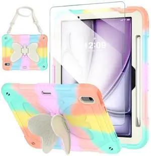 for iPad Air 11 Inch Case M2 2024 with Screen Protector/Butterfly Kickstand/Shoulder Strap/Pencil Holder Kids Girls Rugged Protective Cover for iPad Air M2 11 inch 6th Generation, Rose Gold