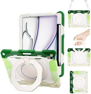 ACEMO for iPad Air 13 Inch Case M3 2025 & iPad Air 13 Inch M2 2024 with Pencil Holder/ 360deg Rotating Kickstand/Grip Handle/Shoulder Strap for Kids Girls Heavy Duty Rugged Protective Cover, Green