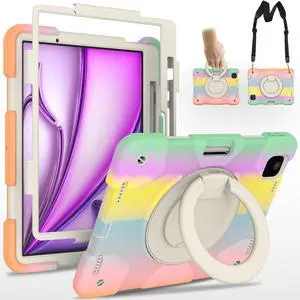 Andnary Case for iPad Air 11 inch 2024 M2 Case 6th Generation Case, Heavy Duty Protective Cover with Pencil Holder/360deg Rotate Handle Stand/Shoulder Strap for A2902/A2903/A2904, Colorful+Pink