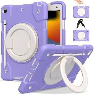 Andnary Case for iPad 9th/8th/7th Generation 10.2 inch, Heavy Duty Shockproof Cover with 360deg Rotating Handle/Bracket/Pen Holder/Shoulder Strap, Case for iPad 10.2 inch 2021/2020/2019, Purple