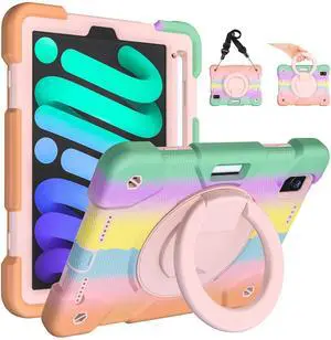 Andnary Case for 2024 iPad Mini 7 A17 Pro/2021 Mini 6 8.3 Inch Case with Built-in Pencil Holder/360deg Rotating Handle Stand, Drop-Proof Cover for iPad Mini 7th/6th Generation 8.3", Colorful Pink