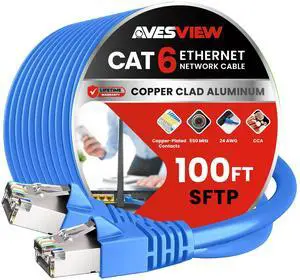 AvesView CAT 6 Shielded Ethernet Cable 100 FT, Indoor High-Speed (SFTP) 10Gbps Snagless Shielded 100FT Ethernet Cable for Internet, Router, Computer, PlayStation, Xbox, POE Camera, Printer - Blue