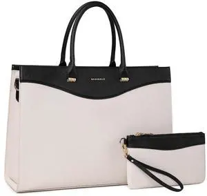 BASA BELA 16 Inch Laptop Purse Leather Briefcase and Handbags for Women Work, Waterproof Womens Computer Tote Bags, Professional Ipad Messenger Satchel Shoulder Bag with Adjustable Strap(Black-beige)