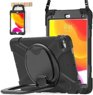BATYUE iPad Mini 5 Case,iPad Mini 4 Case, Heavy Shockproof Drop Case with Pencil Holder, 360deg Swivel Stand, Shoulder Strap;Cover for iPad Mini 5th/4th Generation 7.9 Inch;for Kids-Black