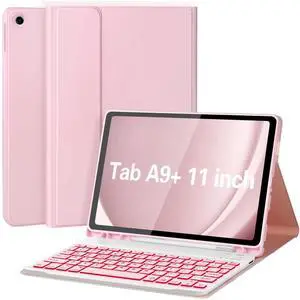 Galaxy Tab A9 Plus Case with Keyboard 5G 11 Inch 2023 (SM-X210/X216/X218), 7 Color Backlit Detachable Tablet Keyboard Cover with S Pen Holder for Samsung Galaxy Tab A9+ 11" (Pink)