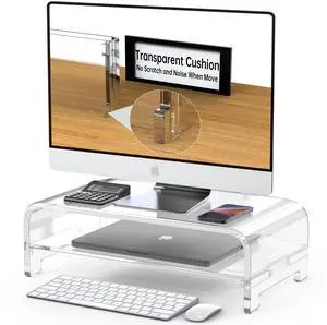 Beimu Acrylic Monitor Stand Riser Desk Shelf 2 Tier, 5 Inches High, Laptop Stand for Desk Clear Computer Desk Organizer Shelf for PC/Printer Storage Laptop Desktop Stand Organization