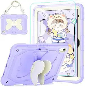 AOKOZZY for iPad (A16) 11th/10th Generation Case for Kids Girls,11'' 2025/10.9'' 2022 with Glass Screen Protector Butterfly Kickstand,Pencil Holder,Strap Shockproof iPad Case 10th Gen (Purple)