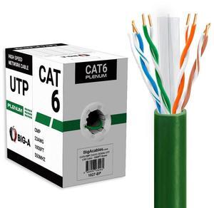 Big-A - Plenum Cat 6 Ethernet Cable 1000ft, Cat6 Cable (CMP) 550MHz Bulk Ethernet Cable Unshielded Twisted Pair (UTP), 10 Gigabit Solid Network Cable - Green