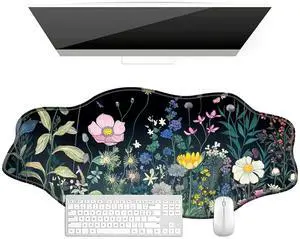 BFDHGQZC Colourful Wild Flower Desk Mat Irregular Shape Large Mouse Pad 35.4"x15.75" Desk Rubber Base Mousepad with Stitched Edges Big Desk Pad for Work,Game,Office,Home
