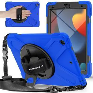 BRAECNstock for Apple iPad 9th/ 8th/ 7th Generation Case 10.2" 2021/2020/2019 Shockproof Protective iPad 10.2 Kids Case with Screen Protector, Rotating Stand+Hand Strap, Shoulder Strap, Blue