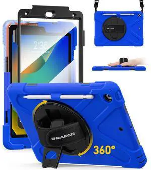 BRAECN Case for ipad 9th/8th/7th Generation 10.2'' Heavy Duty Screen Protector 360deg Rotating Stand Handle Pencil Holder Shockproof Drop Protection Shoulder/Hand Strap Durable Kids-Friendly