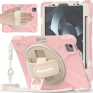 BRAECNstock Kids Case for Apple iPad Air 11 inch (M3/M2)/ Air 5th/4th Gen 10.9"/ Pro 11 inch 4th/3rd/2nd/1st Gen, Shockproof with Screen Protector, Pen Holder, Rotating Hand Strap+Stand, Sakura Pink